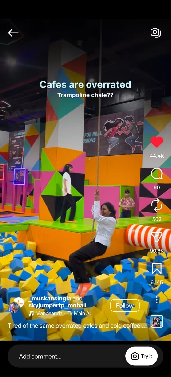 SkyJumper viral reel screenshot with likes and shares